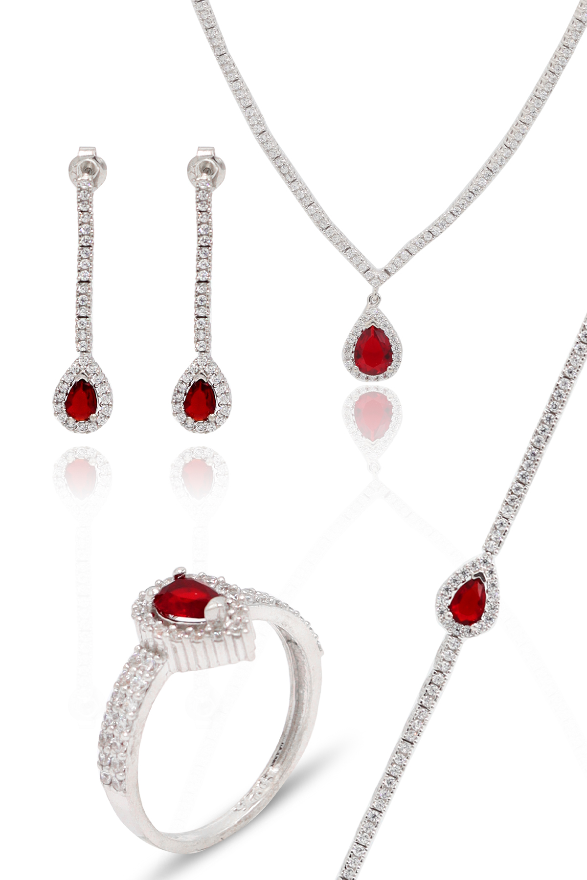 Yakut Taşlı Damla Model 925 Ayar Gümüş Dörtlü Kadın Set 201024459