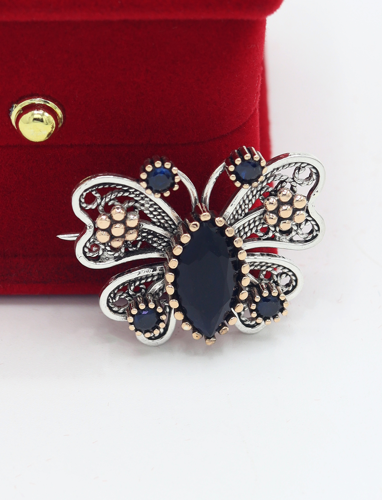 Safir Taşlı Kelebek Model Telkari Gümüş Kadın Broş 201025416
