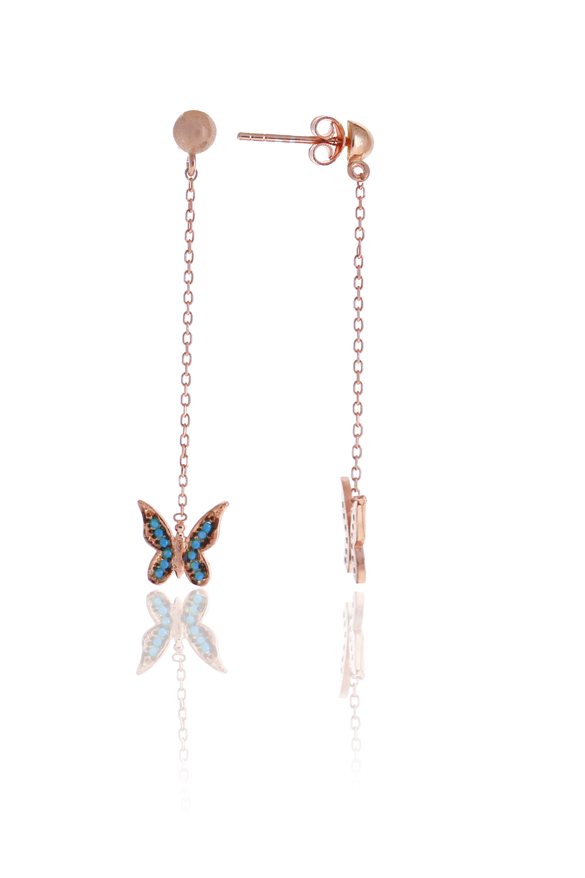 Kelebek Model Firuze Taşlı Rose Kaplama Gümüş Kadın Küpe 201025006