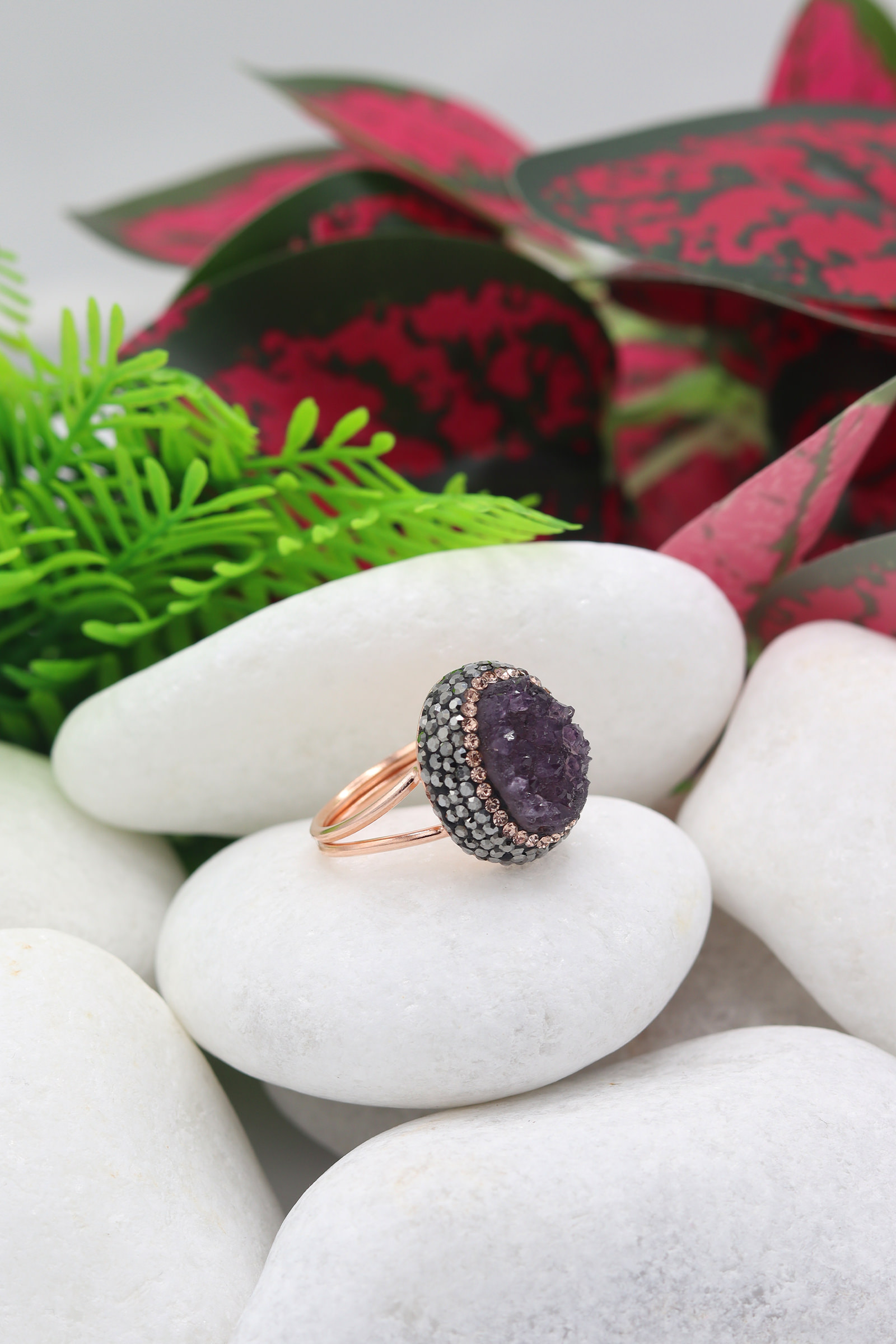 Kök Ametist ve Swarovski Taşlı 925 Ayar Bayan Gümüş Yüzük 201022338