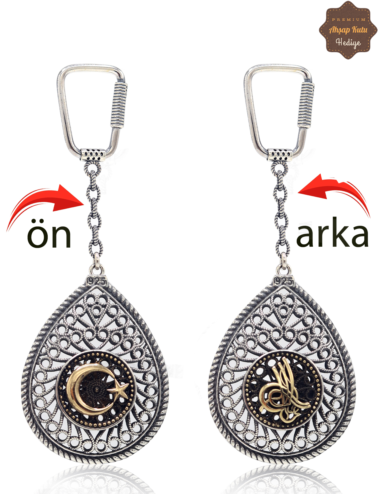 Ayyıldız ve Tuğralı Damla Model Çift Taraflı Oksitli Gümüş Telkari Anahtarlık 201025187
