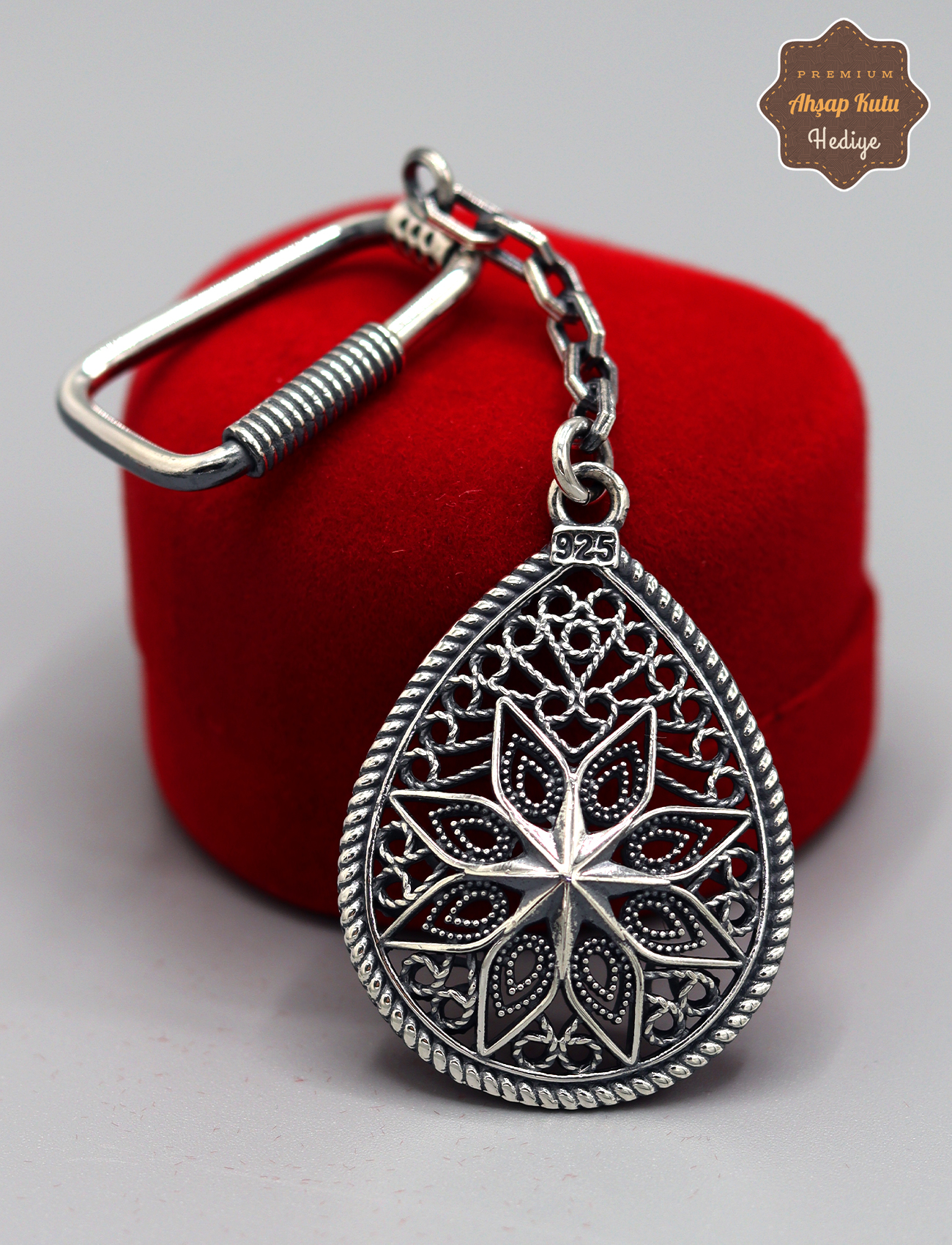 Yıldızlı Damla Model 925 Ayar Gümüş Oksitli Telkari Anahtarlık 201025167