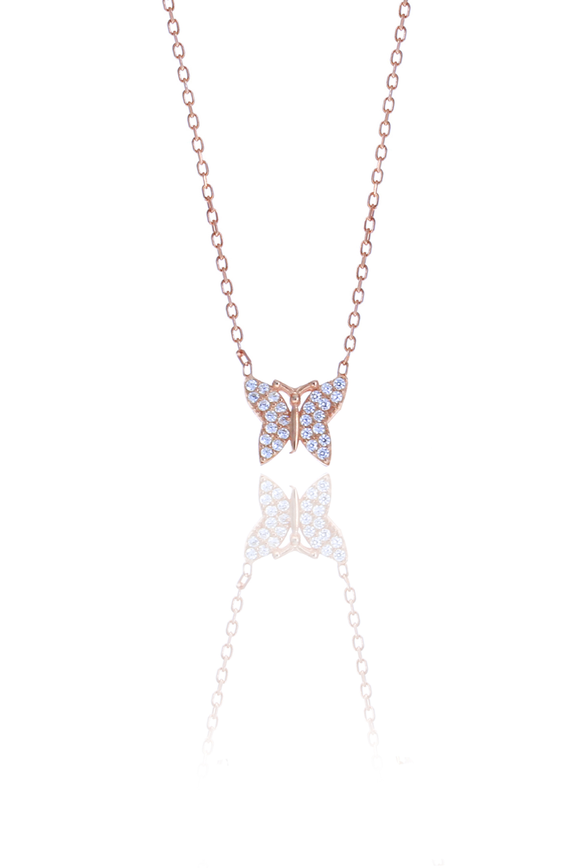 Kelebek Model Zirkon Taşlı Rose Kaplama Gümüş Kadın Kolye 201025013