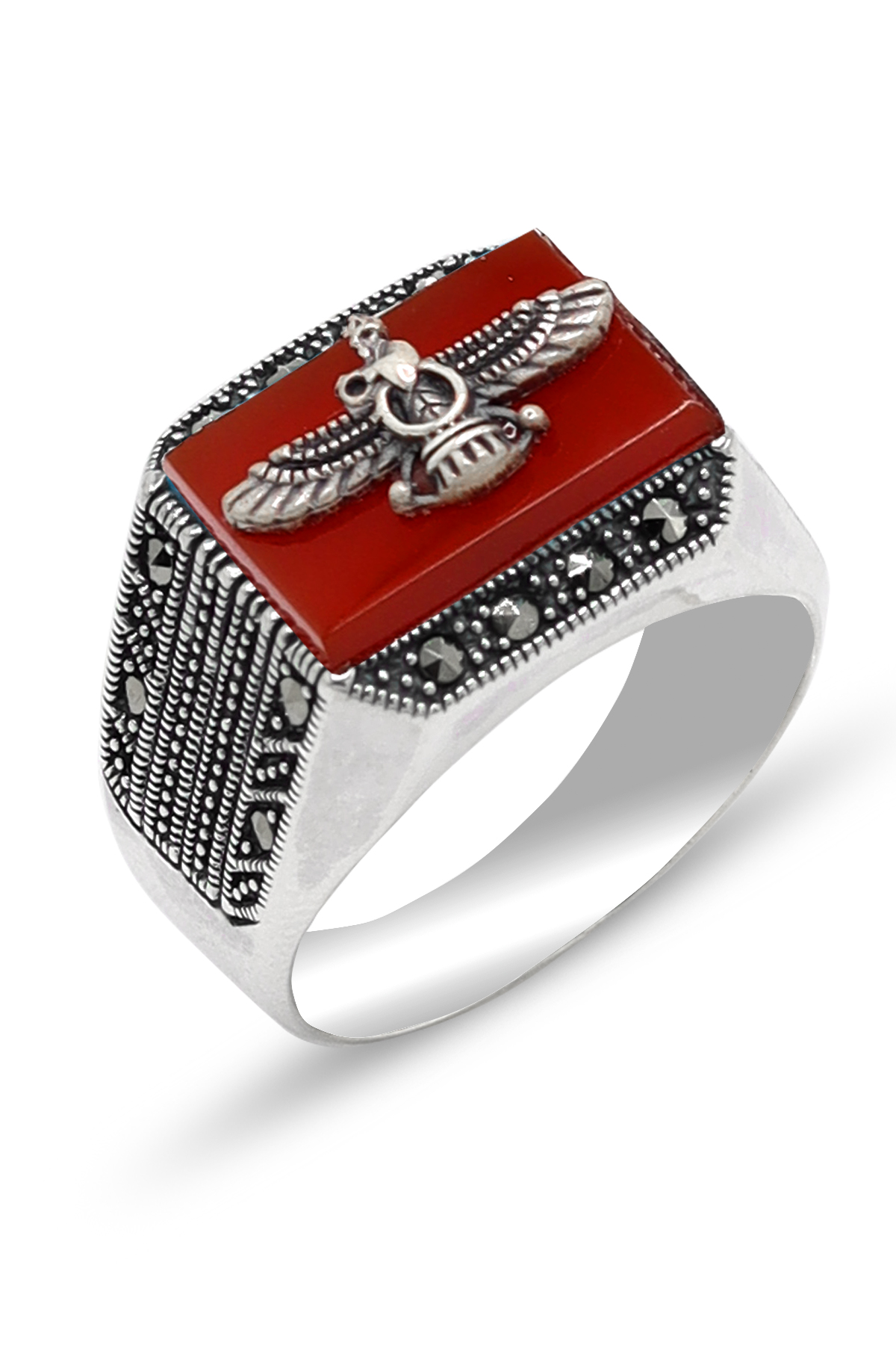 Akik Taşlı Ahura Mazda Model 925 Ayar Gümüş Markazit Kadın Unisex Yüzük 201024247