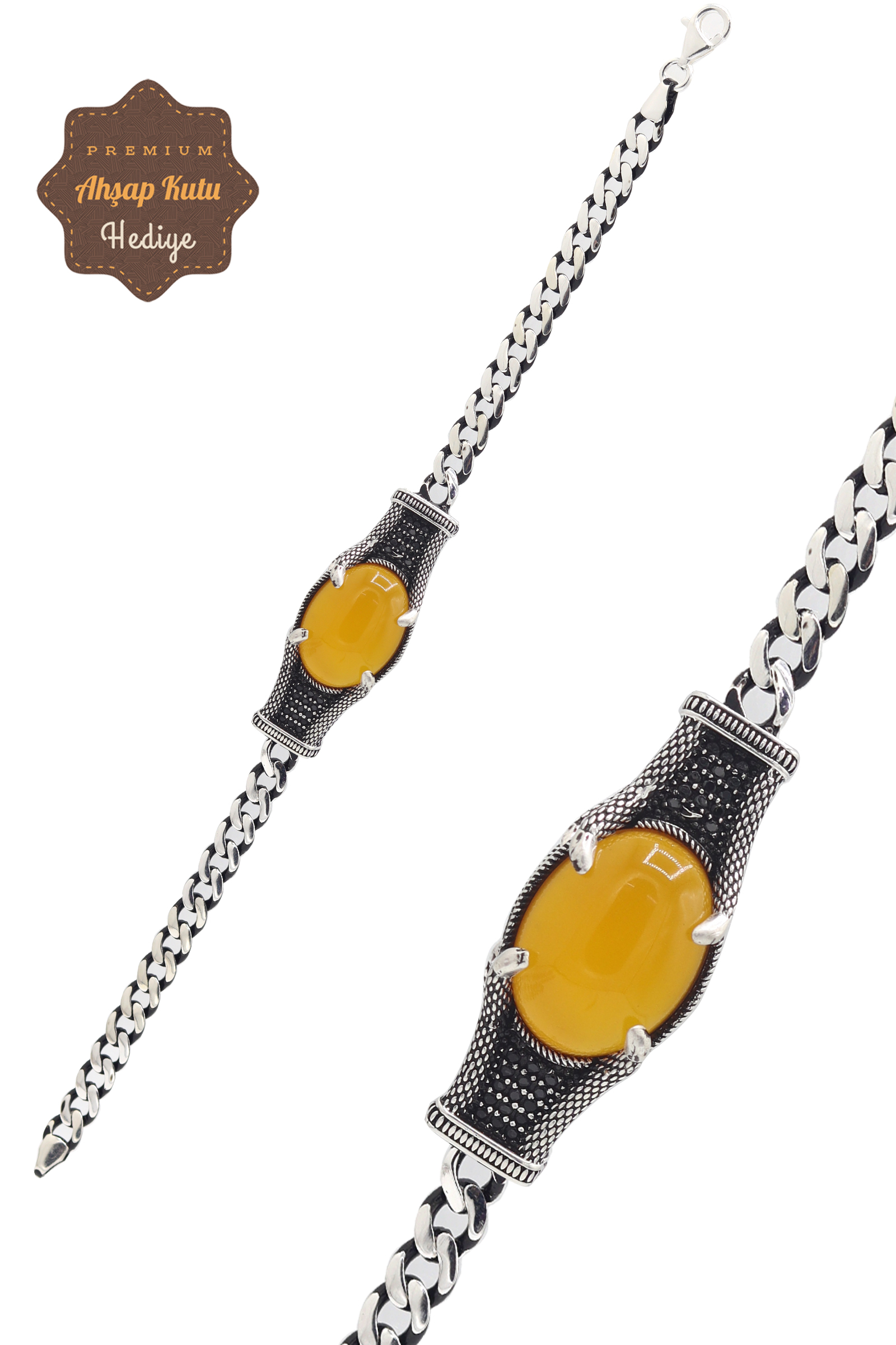 Kehribar Taşlı 925 Ayar Gümüş Zincir Erkek Bileklik 201023815