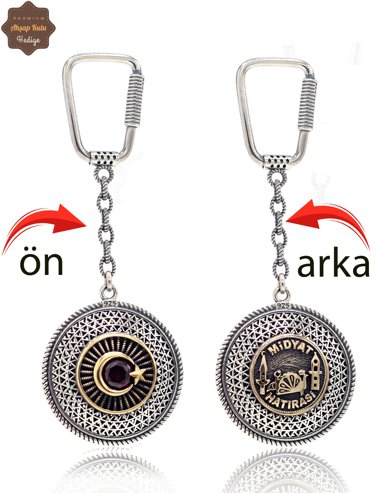 Yakut Taşlı Ayyıldız ve Midyat Hatırası Çift Taraflı Oksitli Gümüş Telkari Anahtarlık 201025172