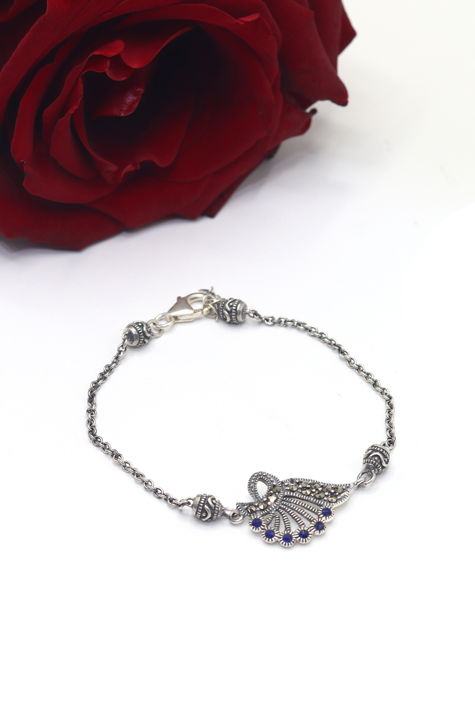Safir Taşlı Yelpaze Tasarım Markazit Kadın Gümüş Bileklik 201023644