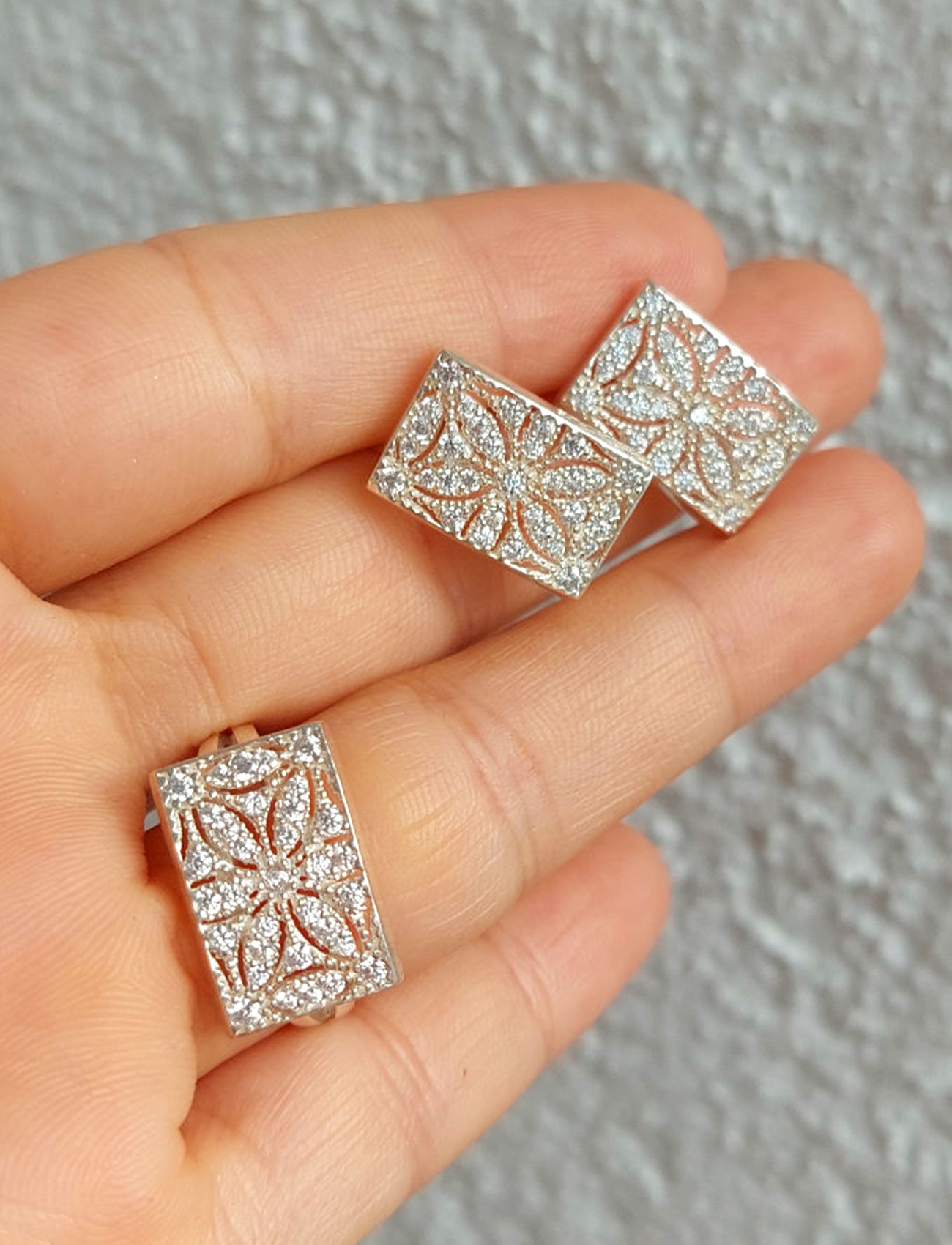 Zirkon Taşlı Çiçek Model Trabzon Hasırı Kadın Gümüş Küpe-Yüzük Set 201025275