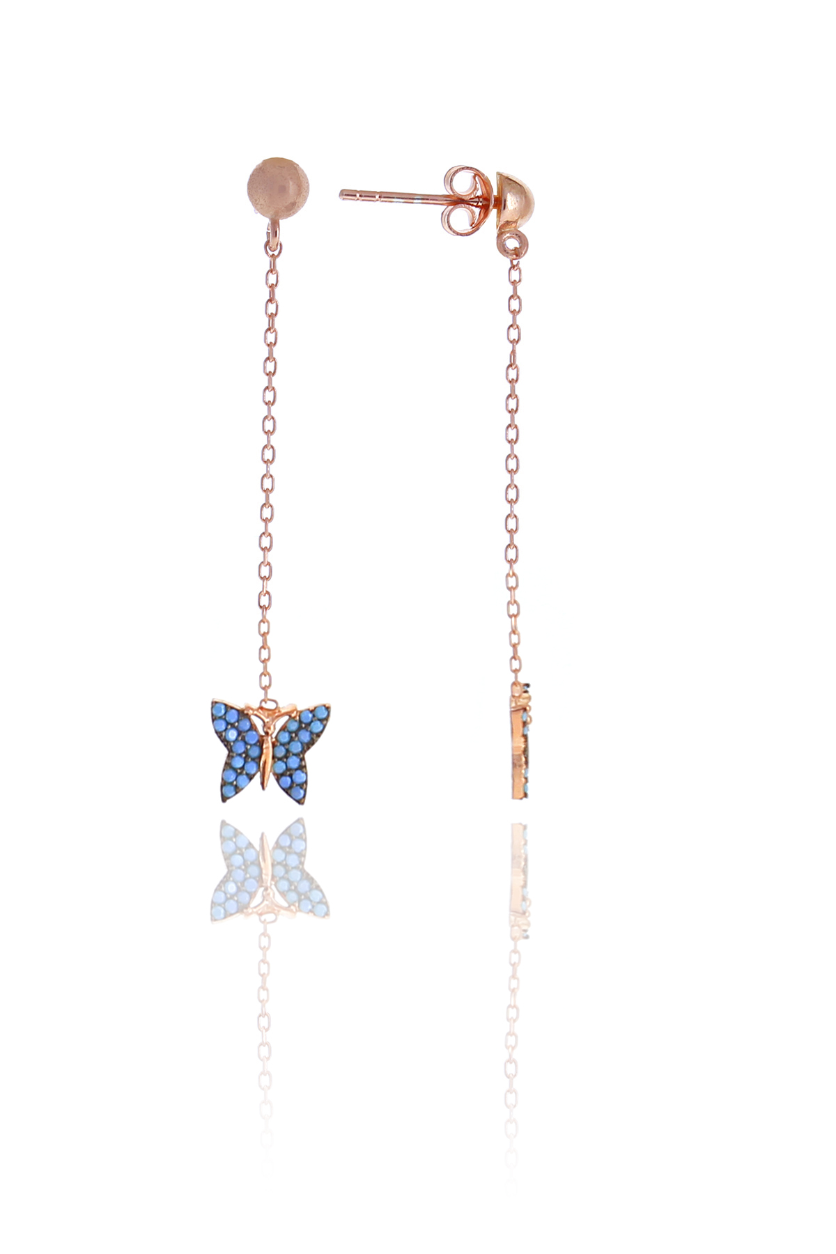 Kelebek Model Firuze Taşlı Rose Kaplama Gümüş Kadın Küpe 201025004