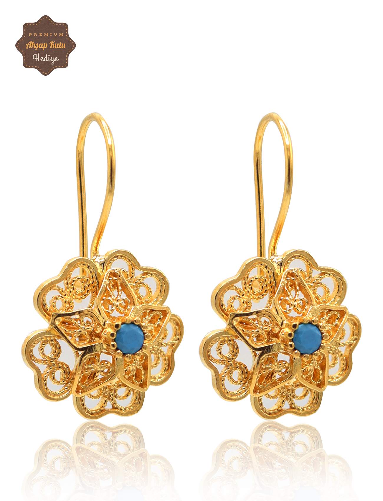 Firuze Taşlı Gül Model Gold Kaplama 925 Ayar Gümüş Telkari Kadın Küpe 201025491