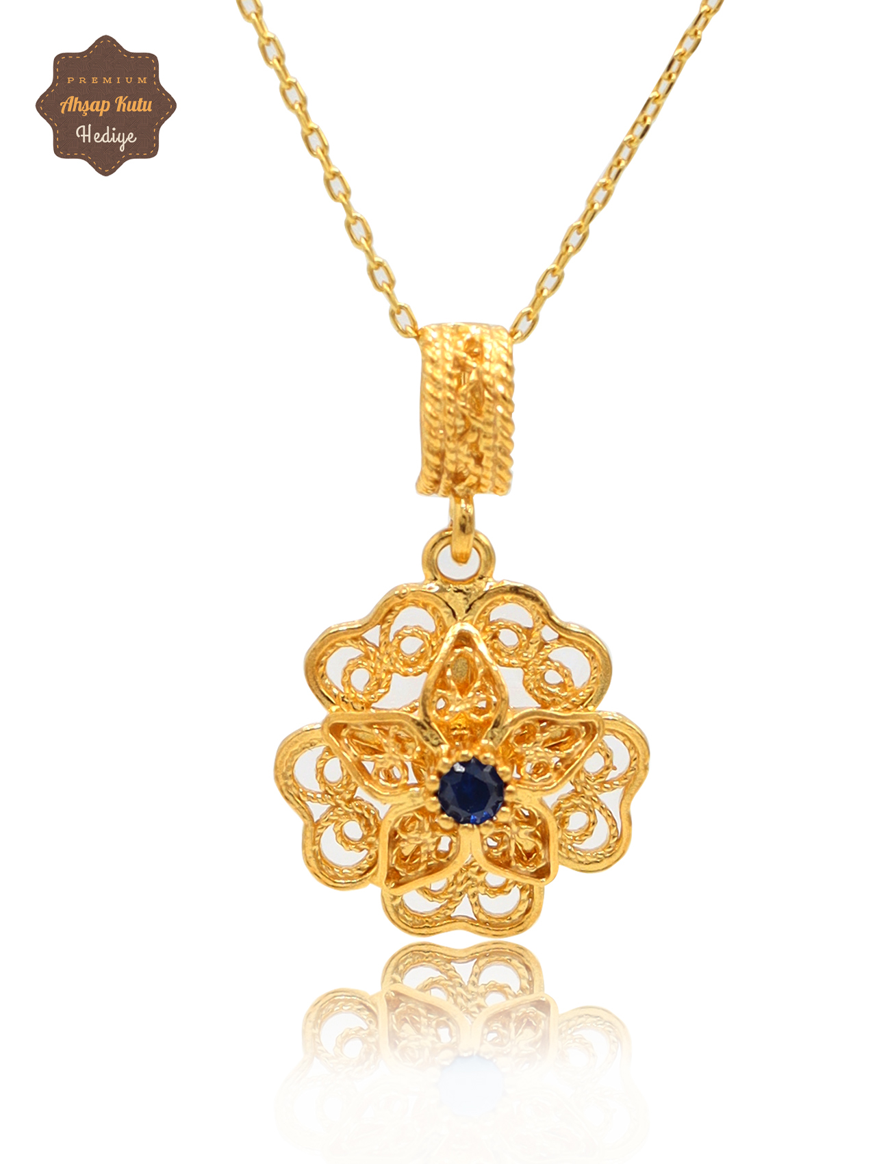 Safir Taşlı Gül Model Gold Kaplama 925 Ayar Gümüş Telkari Kolye 201025488