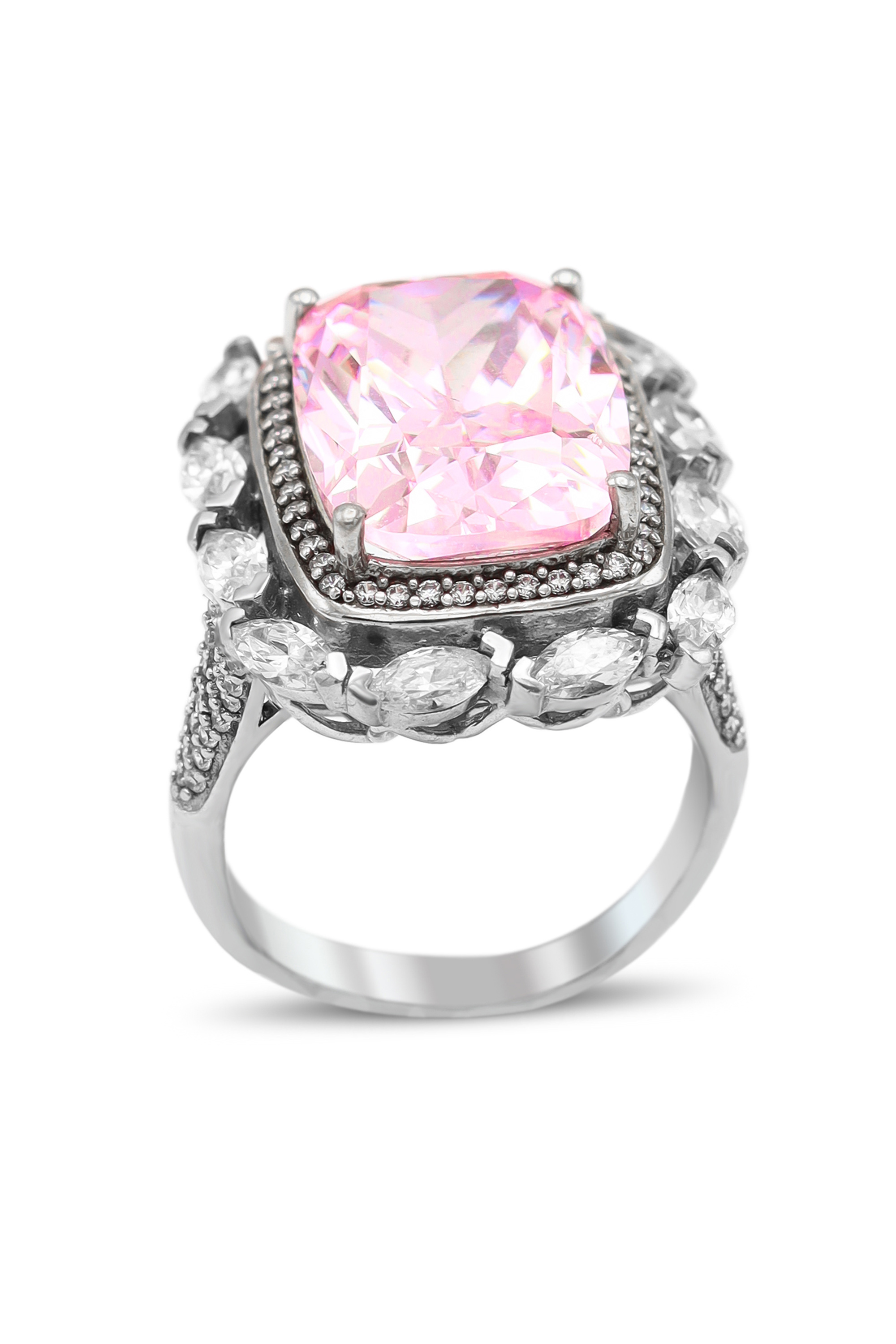 Pembe Kuvars ve Zirkon Taşlı Baget Tasarım Kadın Gümüş Yüzük 201020510