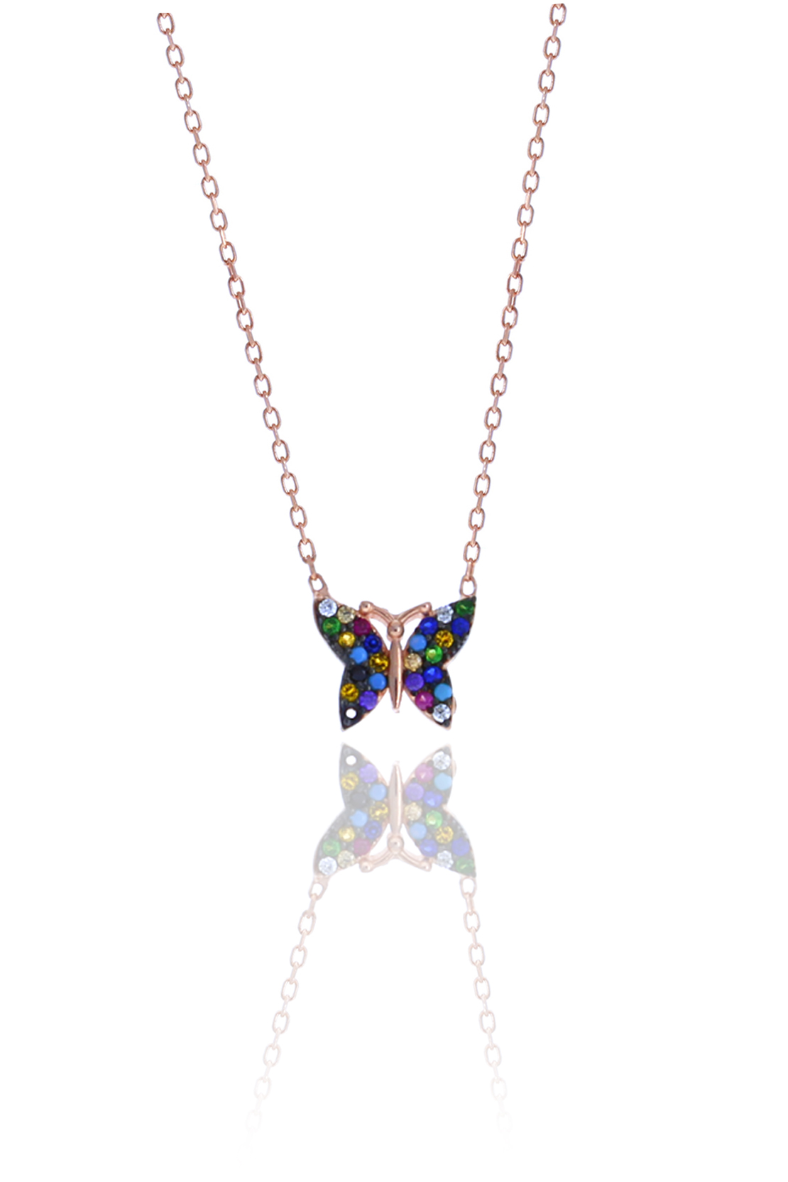 Karışık Renkli Kelebek Model Zirkon Taşlı Rose Kaplama Gümüş Kadın Kolye 201025015