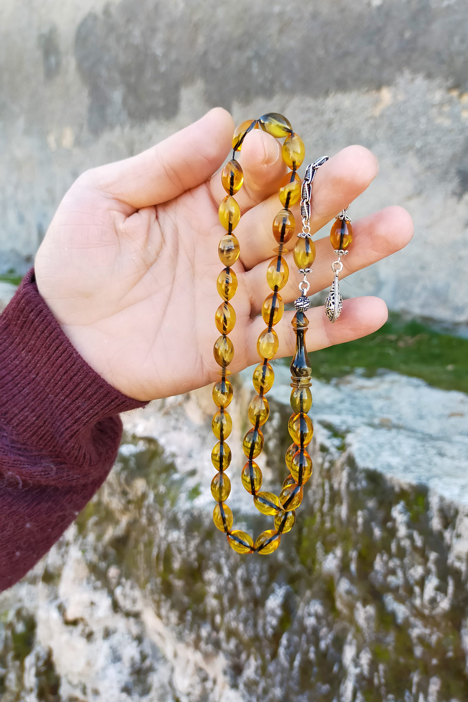 Gümüş Püsküllü Hareli Sarı Sıkma Kehribar Tesbih