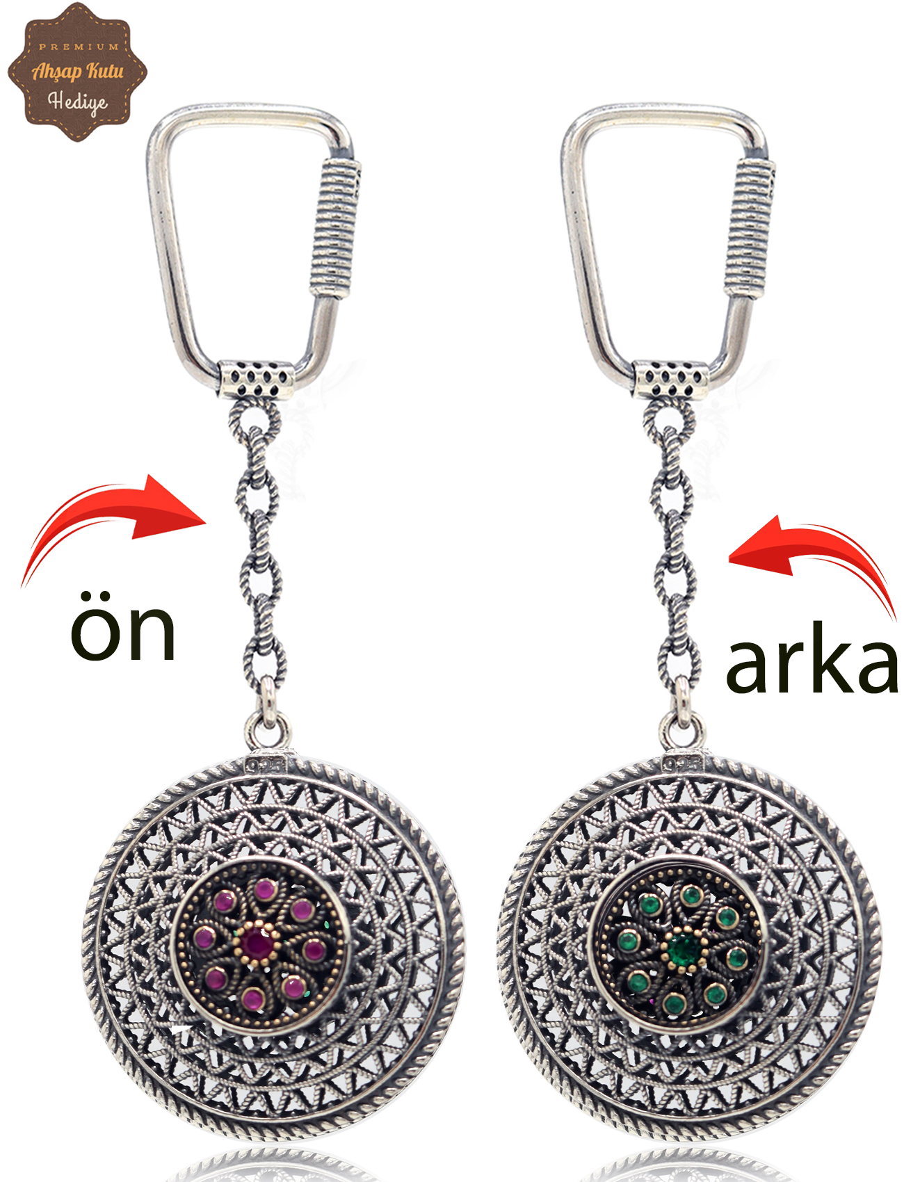 Yakut ve Zümrüt Taşlı Zikzak Model Çift Taraflı Oksitli Gümüş Telkari Anahtarlık 201025180