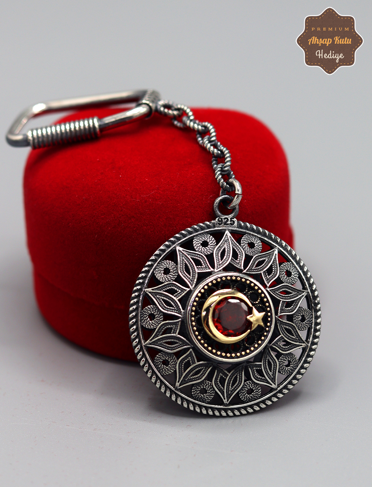 Yakut Taşlı Ayyıldız Lale Model 925 Ayar Gümüş Oksitli Telkari Anahtarlık 201025154