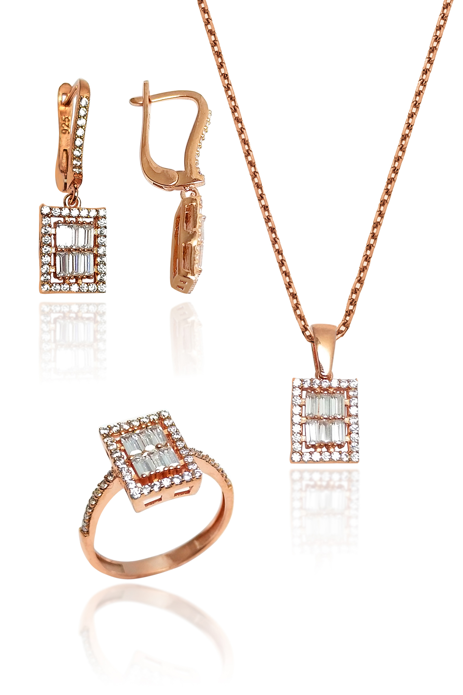 Kare Model Rose Kaplama Gümüş Üçlü Set