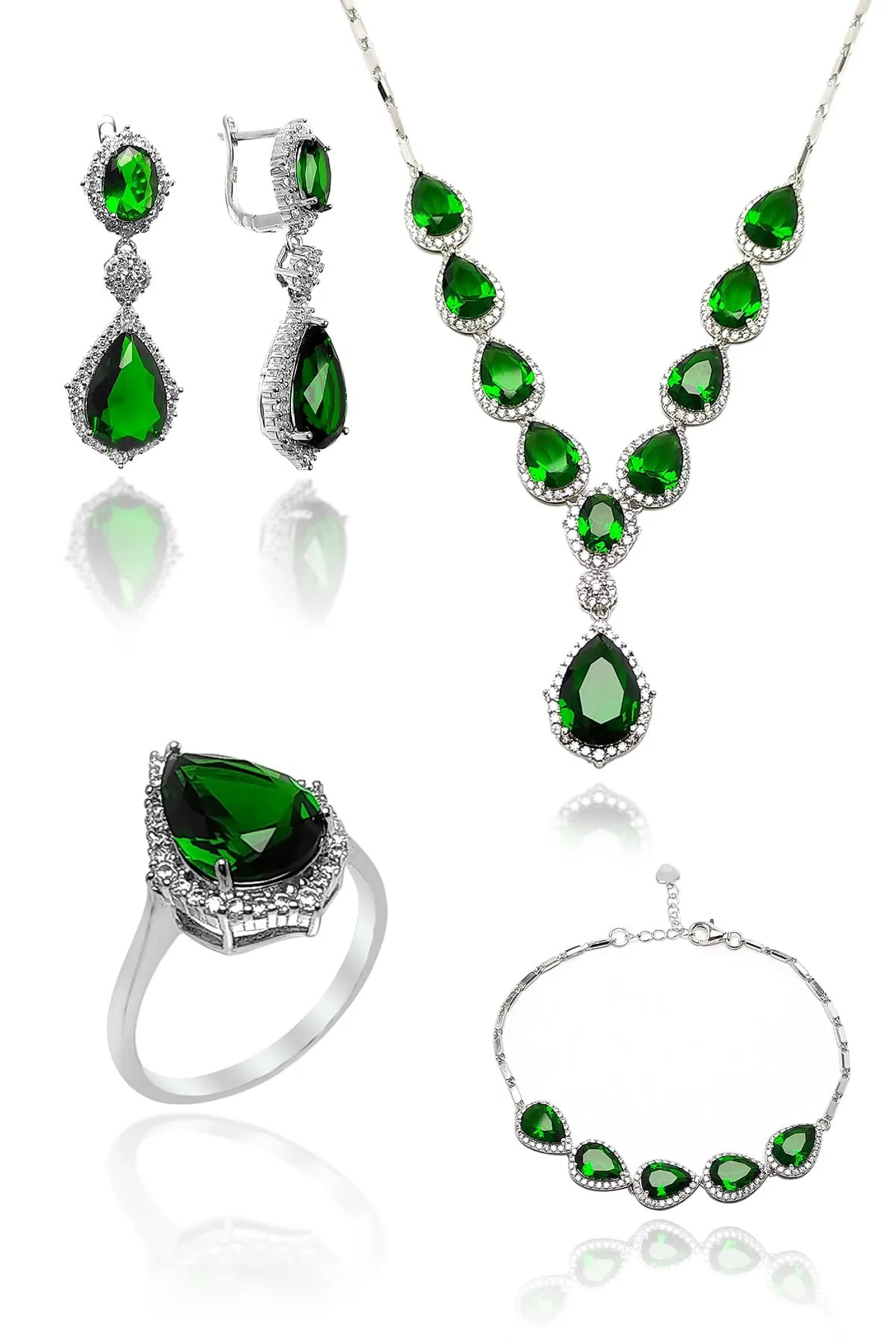 Zümrüt Taşlı Damla Model 925 Ayar Gümüş Dörtlü Set 201023085