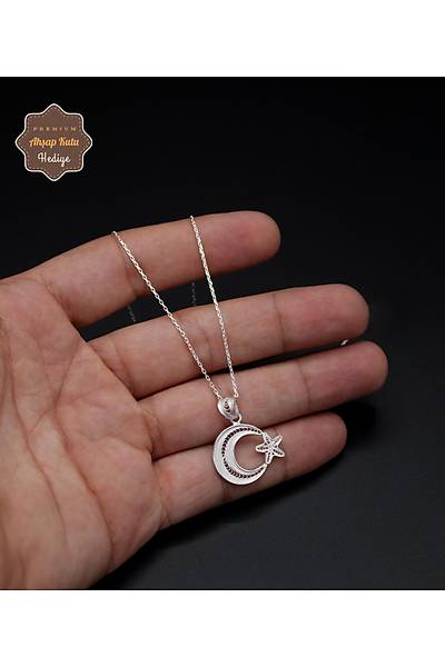 Ay Y�ld�z Orta Boy Model 925 Ayar Saf G�m�� Telkari Kad�n Kolye 201024645