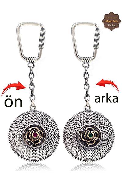 Yakut ve Z�mr�t Ta�l� �i�ek Model �ift Tarafl� Oksitli G�m�� Telkari Anahtarl�k 201025176