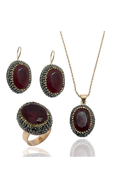 Yakut ve Swaroski Ta�l� Bayan G�m�� Tak� Seti