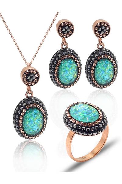 Ye�il Paraiba ve Swarovski Ta�l� 925 Ayar G�m�� Kad�n ��l� Set 201025578