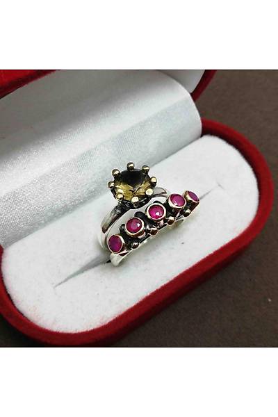 Dumanl Kuvars ve Yakut Tal 925 Ayar Otantik Gm Bayan Yzk