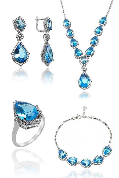 �effaf Akuamarin Ta�l� Damla Model 925 Ayar G�m�� D�rtl� Set 201024156