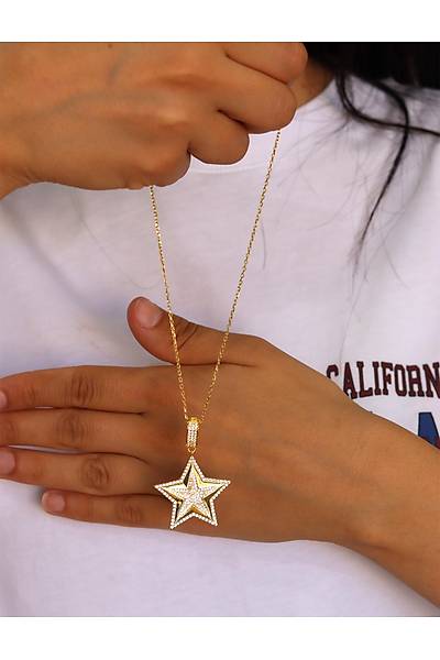 Zirkon Tal Yldz Model Gold Kaplama 925 Ayar Gm Kadn Kolye 201024695