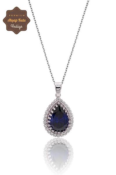 Safir Ta�l� Damla Model 925 Ayar G�m�� Kad�n Kolye 201024307