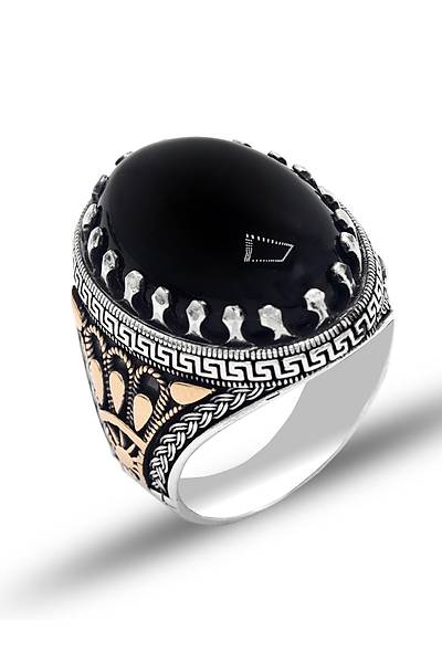 Oniks Ta�l� Kral Tac� Motifli 925 Ayar G�m�� Erkek Y�z�k 201025408