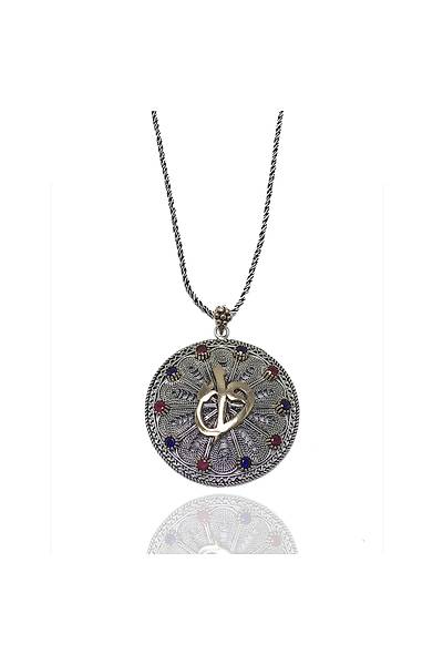 Elif Vav ��lemeli Yuvarlak Model 925 Ayar Telkari G�m�� Kolye