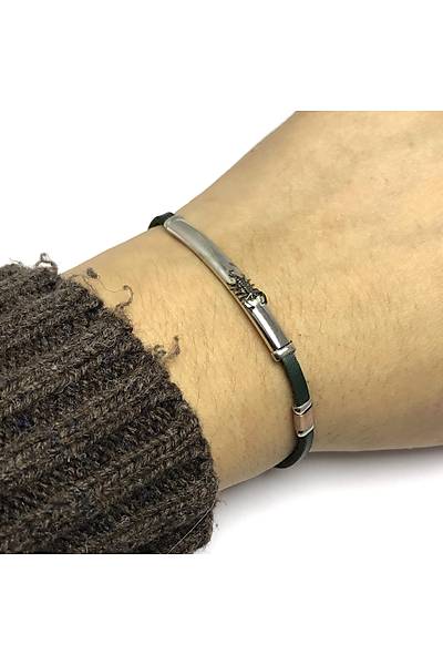 Akrep Model Ye�il Deri Kordonlu Unisex G�m�� Bileklik