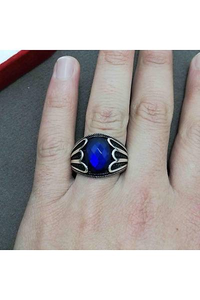 Safir ve Mikro Zirkon Tal 925 Ayar Erkek Gm Yzk
