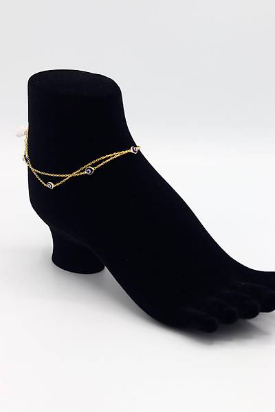 �ift Zincirli Lacivert Nazar Boncuklu Model Gold Renk 925 Ayar G�m�� Kad�n Halhal 201025742
