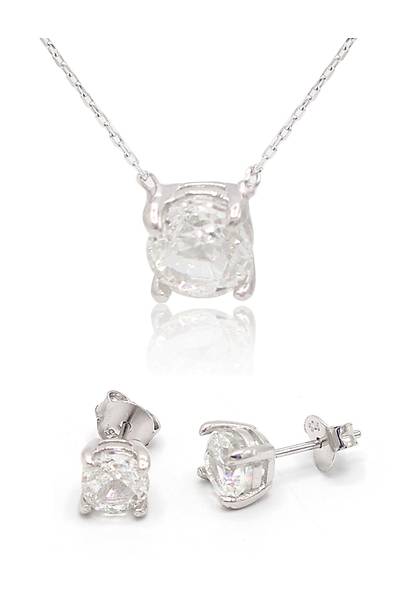 Yuvarlak Mozanit Ta�l� 925 Ayar G�m�� K�pe ve Kolye 2'li Set 201024820