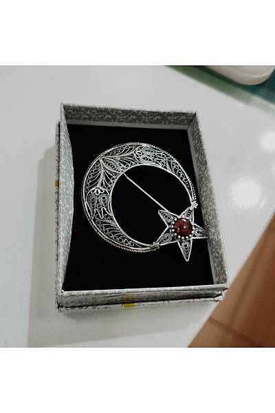 Yakut Taşlı Ayyıldız Model Telkari Gümüş Broş 201019669