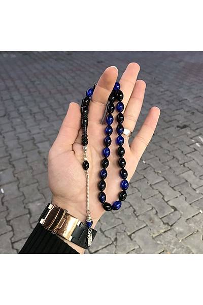 Metal P�sk�ll� Gece Mavisi Toz Kehribar Tespih