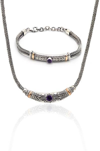 Ametist Ta�l� 925 Ayar Saf G�m�� Has�r Zincir Unisex 2'li Set 201023668