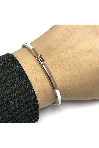 Akrep Model Beyaz Deri Kordonlu Unisex G�m�� Bileklik