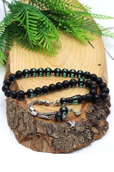 Ye�il Siyah S�rmeli K�re Kesim Toz Kehribar Tesbih 201024490