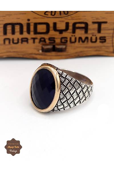 Safir Ta�l� Has�r Motifli 925 Ayar G�m�� Erkek Y�z�k 201024926