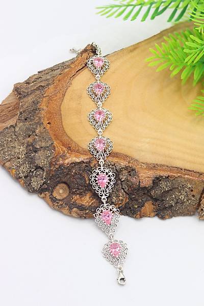 Pembe Kuvars Tal Damla Model 925 Ayar Gm Telkari Bileklik 201023137