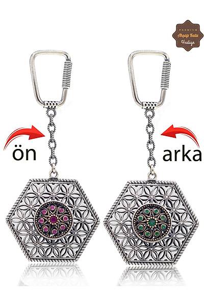 Yakut ve Z�mr�t Ta�l� �i�ek Model �ift Tarafl� Oksitli G�m�� Telkari Anahtarl�k 201025184