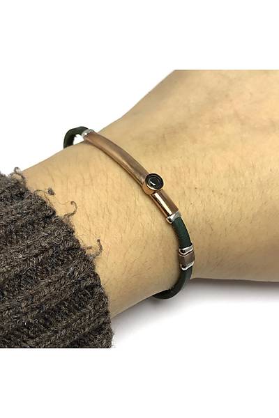 Taşlı Model Yeşil Deri Kordonlu Unisex Gümüş Bileklik