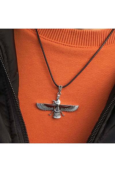 Akik ve Markazit Ta�l� Orta Boy Unisex Ahura Mazda G�m�� Kolye