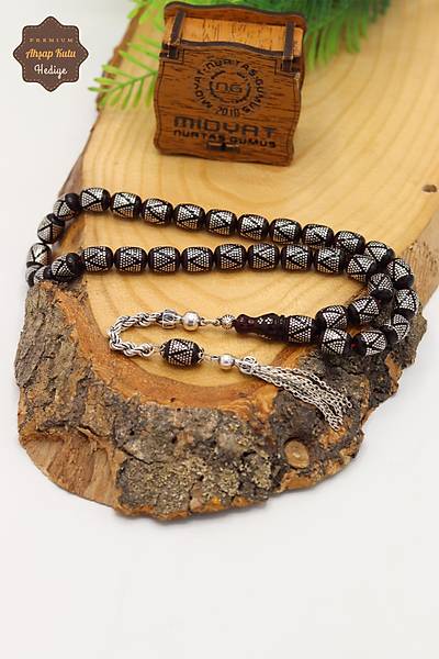 Koyu Bordo G�m�� ��lemeli G�m�� P�sk�ll� Ate� Kehribar Tesbih 201024567