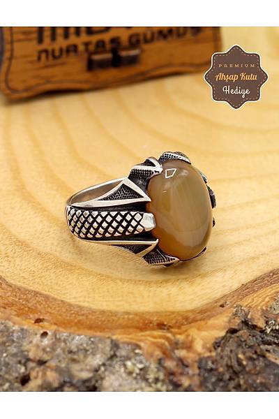 Akik Ta�l� Pen�e Motifli 925 Ayar G�m�� Erkek Y�z�k 201024905