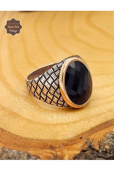 Safir Ta�l� Has�r Motifli 925 Ayar G�m�� Erkek Y�z�k 201024926