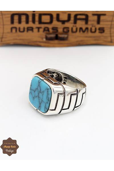 Firuze Ta�l� Kare Model 925 Ayar G�m�� Erkek Y�z�k 201024937